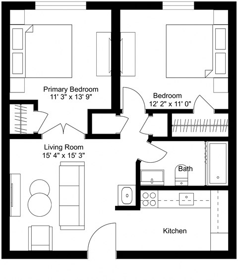 Floor plan for 2 beds, 1 bath, 711 sqft